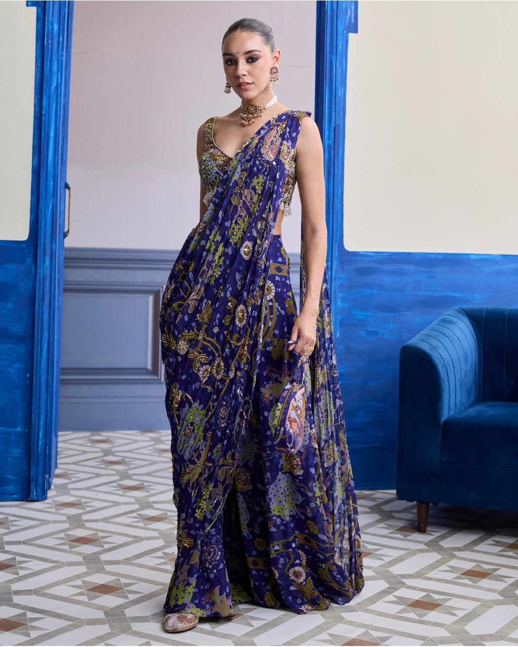 Violet Mosaic Blouse With Drape Sharara Sari Set