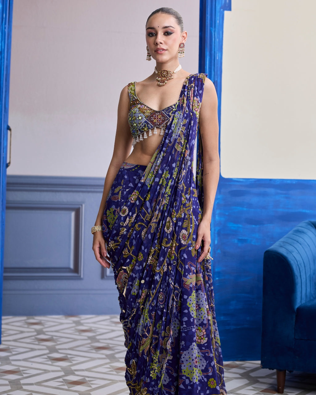 Violet Mosaic Blouse With Drape Sharara Sari Set