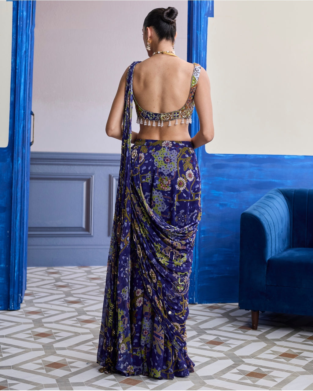 Violet Mosaic Blouse With Drape Sharara Sari Set