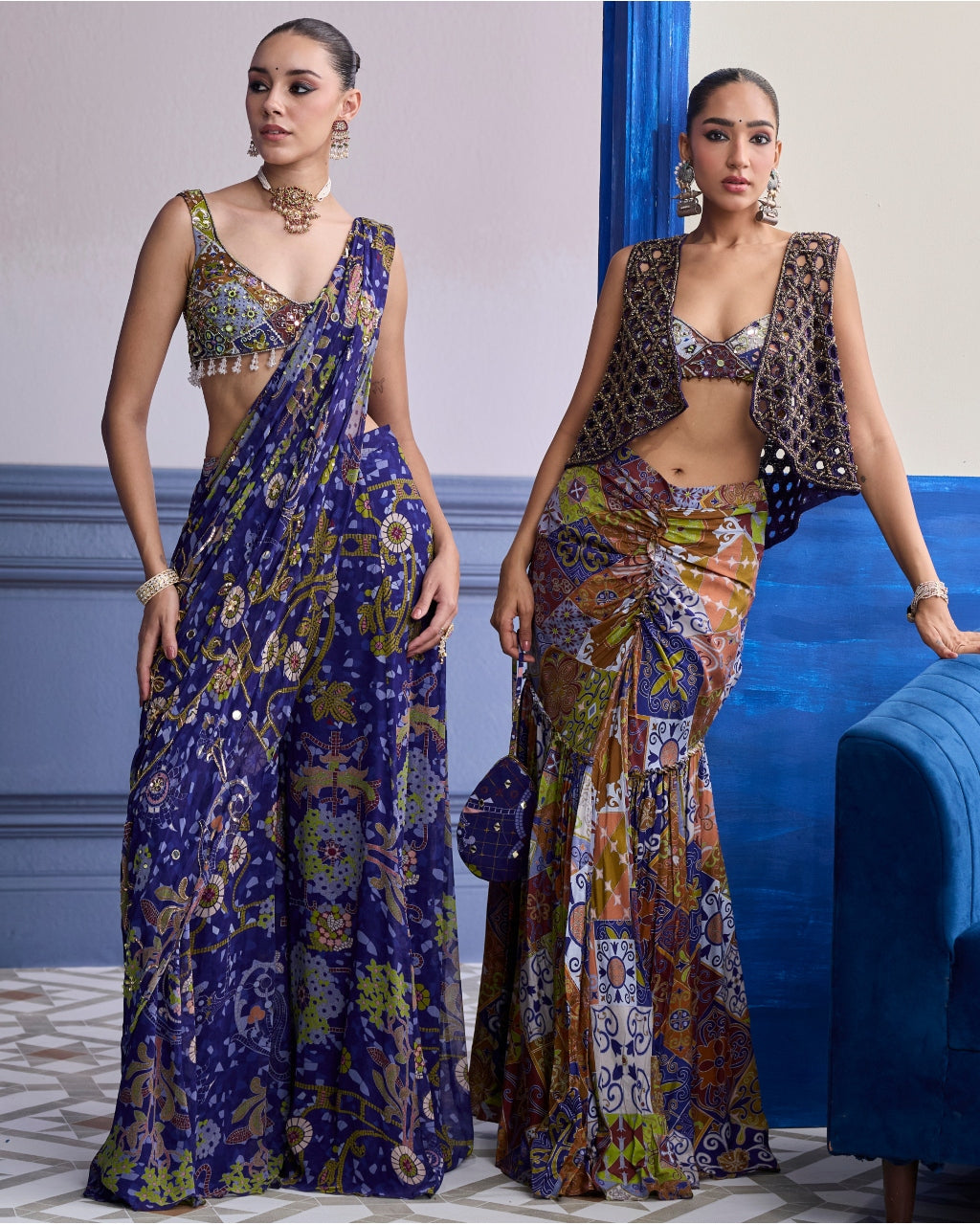 Violet Mosaic Blouse With Drape Sharara Sari Set