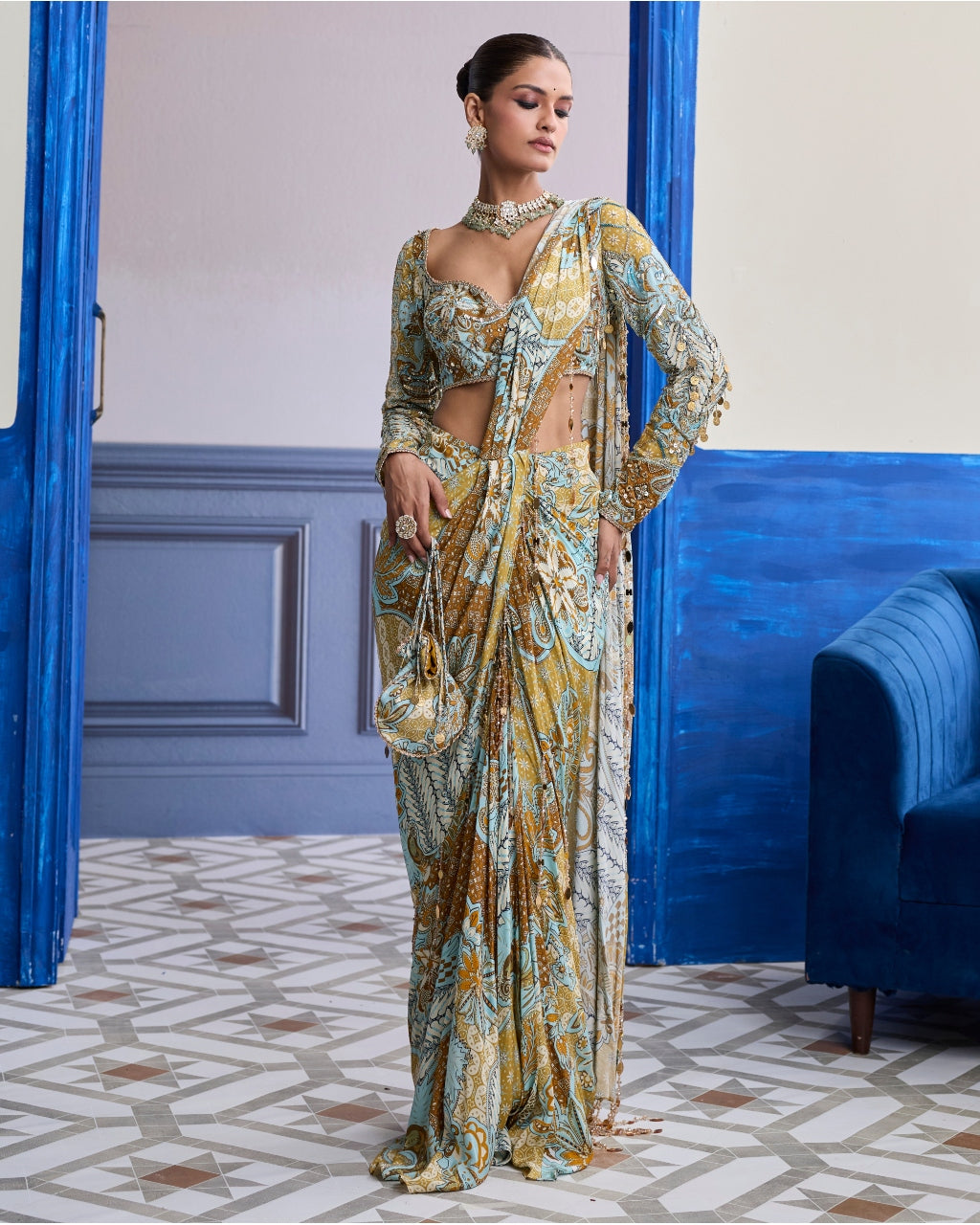 Yellow Floral Blouse With Coordinated Printed Dhoti Sari Set