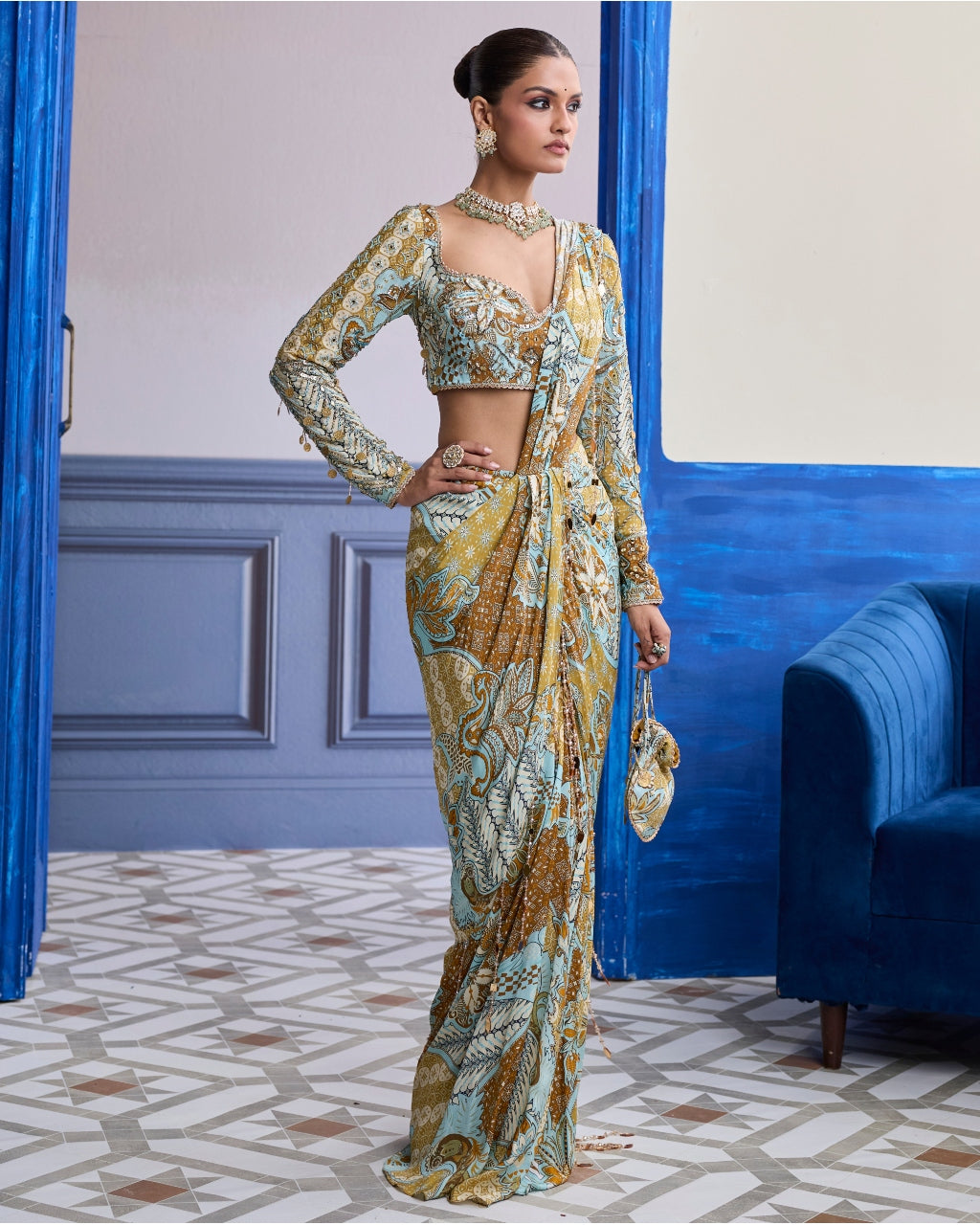 Yellow Floral Blouse With Coordinated Printed Dhoti Sari Set