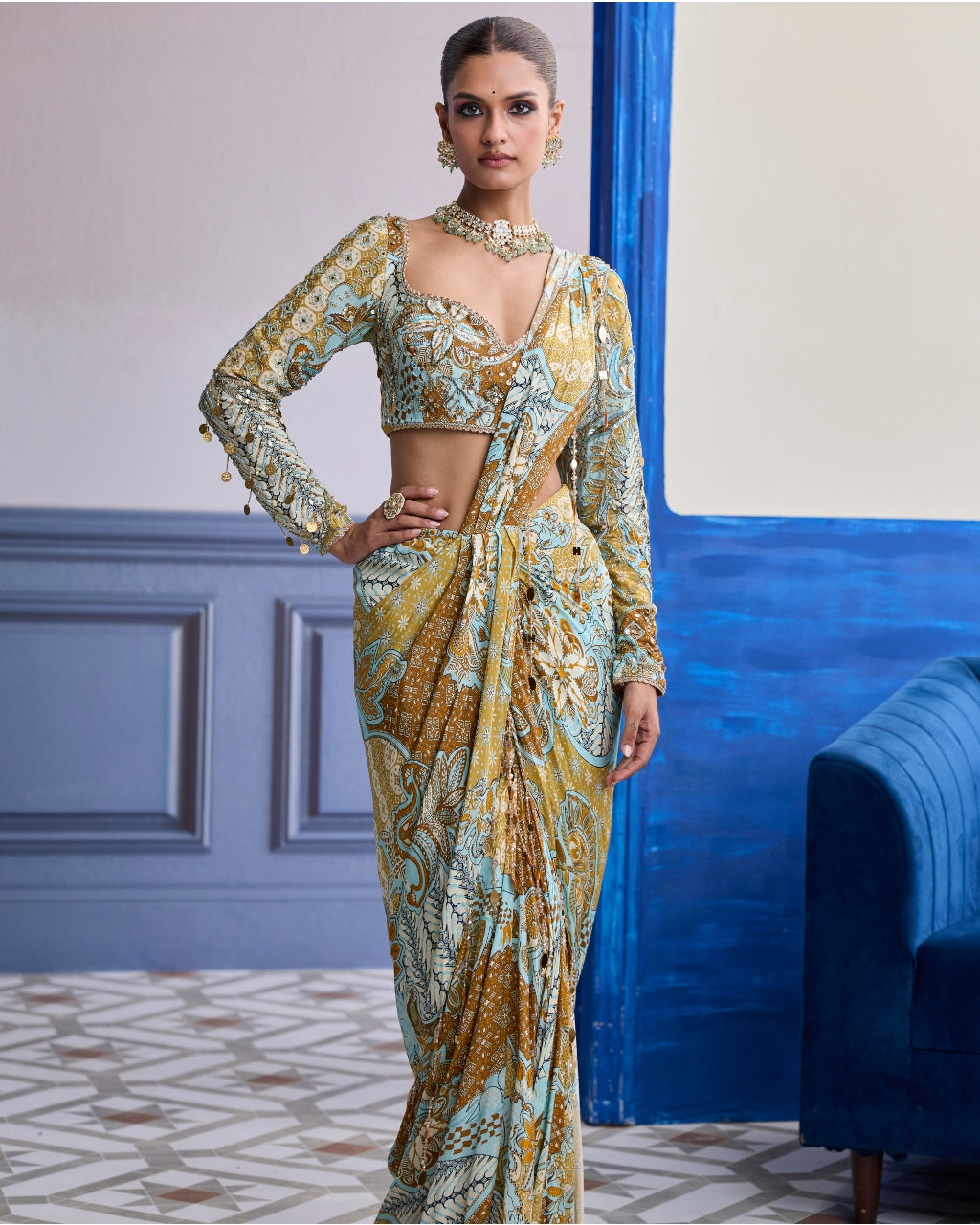 Yellow Floral Blouse With Coordinated Printed Dhoti Sari Set