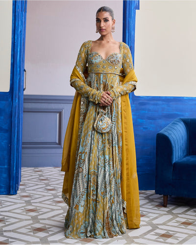 Yellow Floral Anarkali With Embroidered Solid Dupatta Set