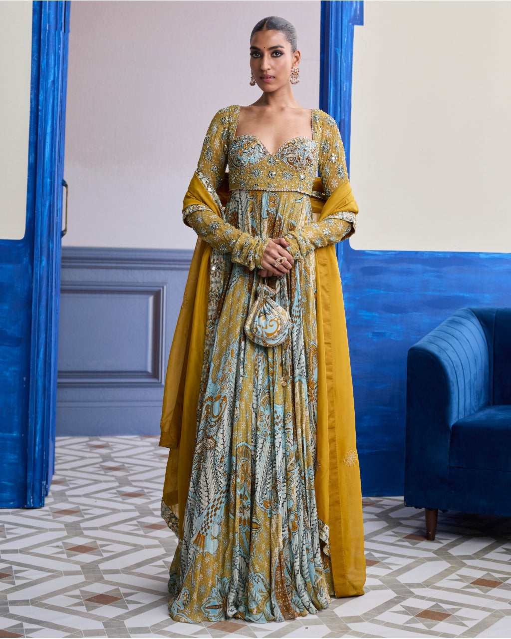 Yellow Floral Anarkali With Embroidered Solid Dupatta Set