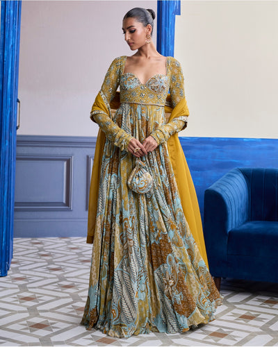 Yellow Floral Anarkali With Embroidered Solid Dupatta Set