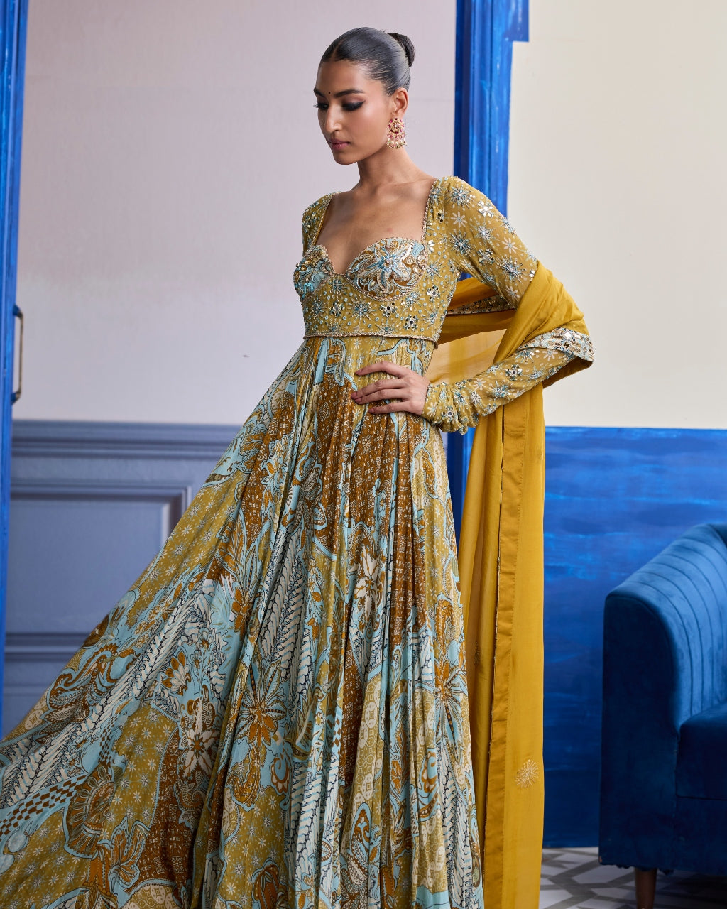 Yellow Floral Anarkali With Embroidered Solid Dupatta Set
