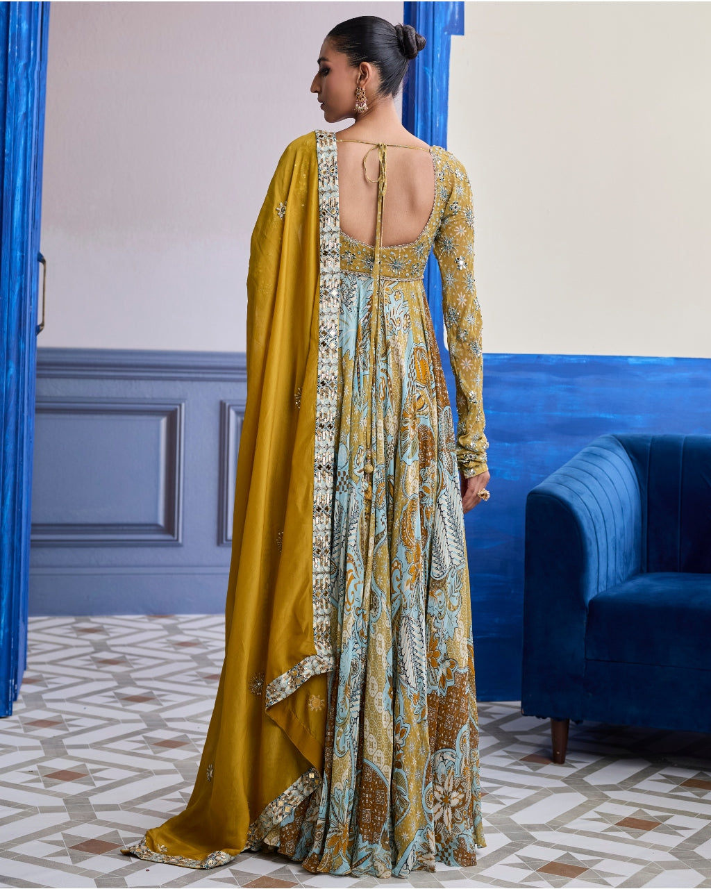Yellow Floral Anarkali With Embroidered Solid Dupatta Set