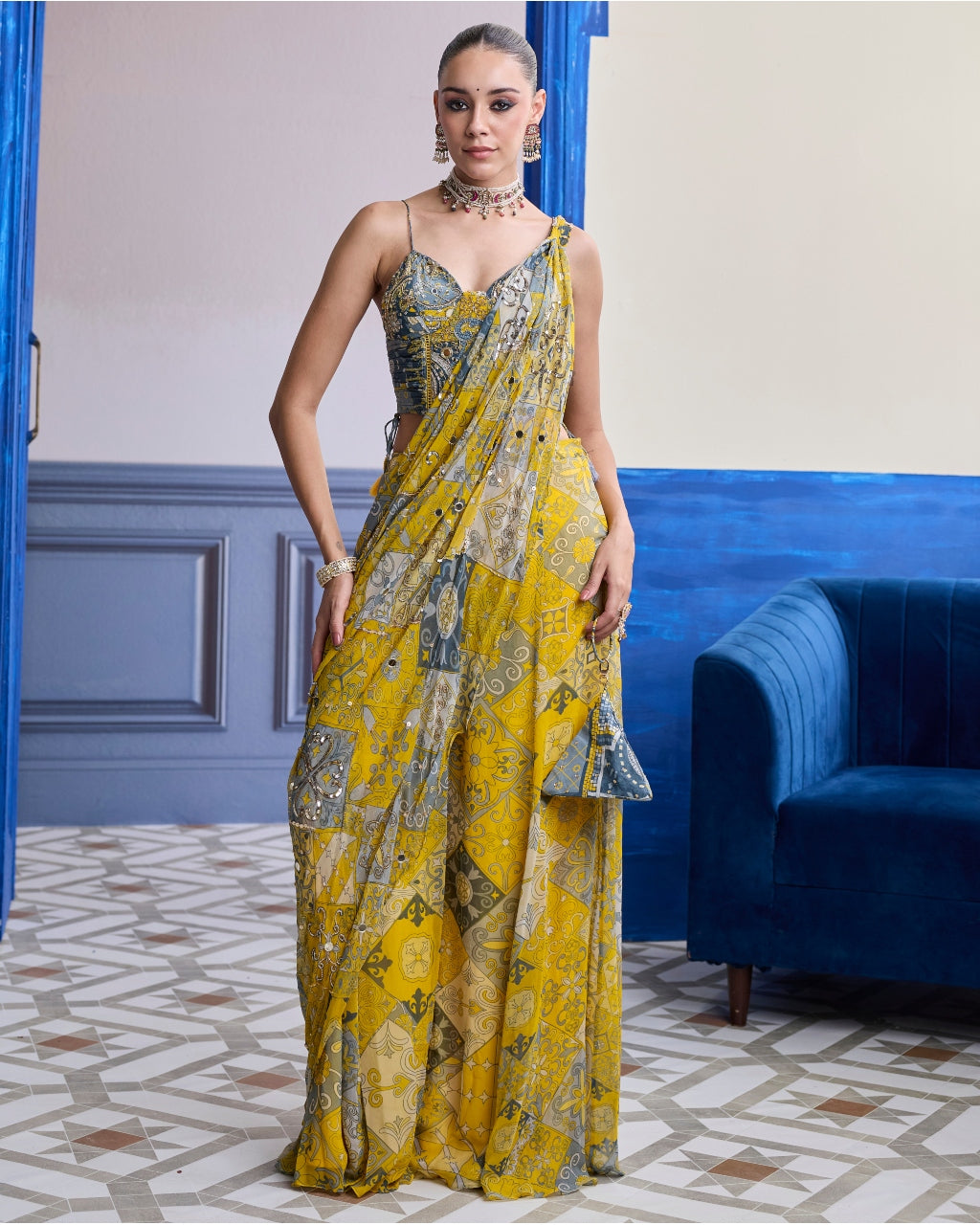 Yellow Grey Mosaic Ruched Corset With Drape Sharara Sari Set