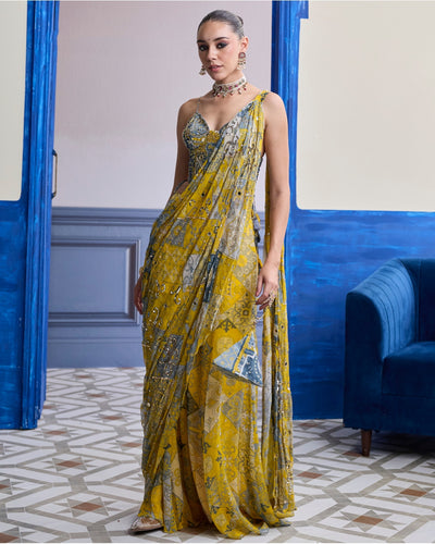Yellow Grey Mosaic Ruched Corset With Drape Sharara Sari Set