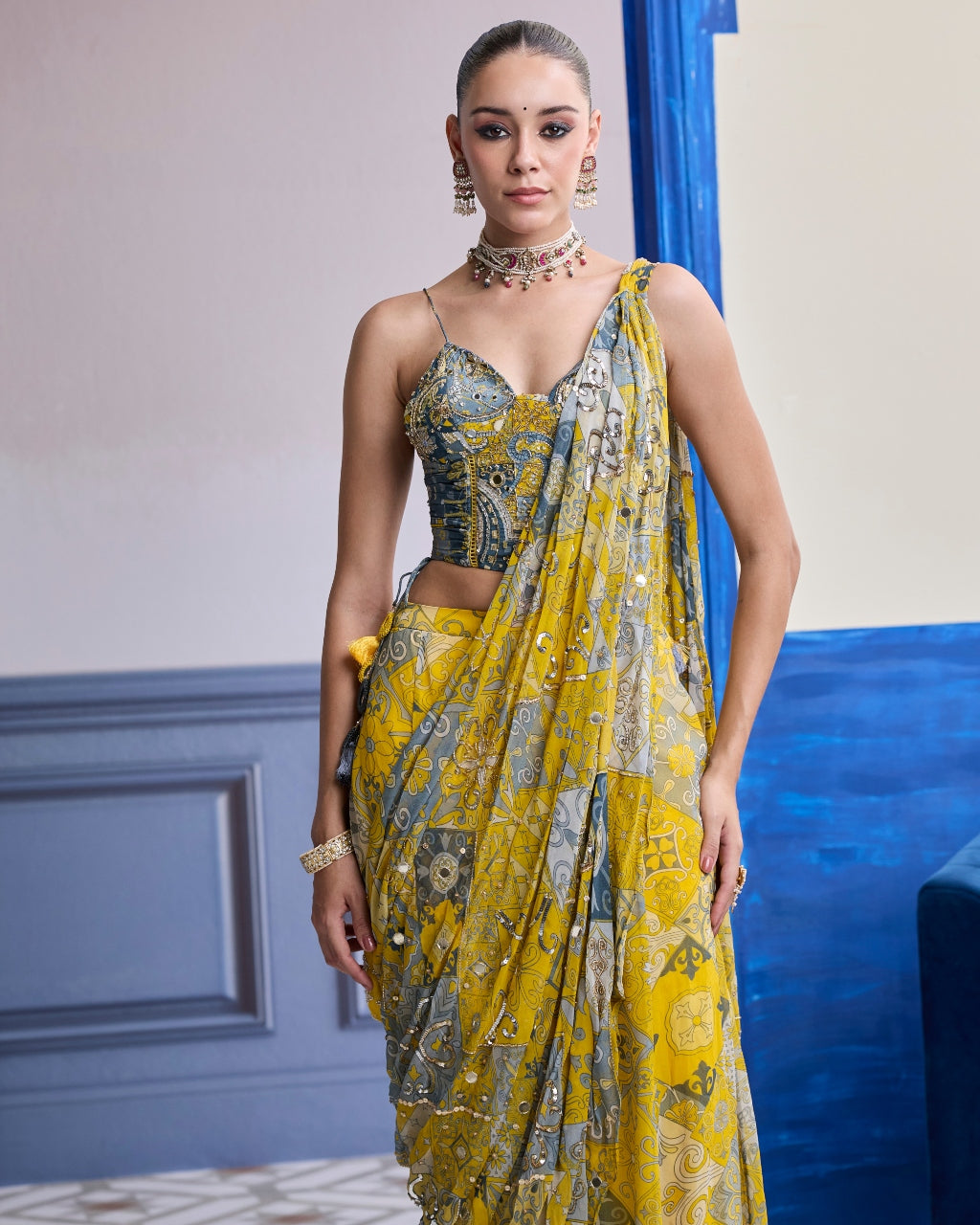 Yellow Grey Mosaic Ruched Corset With Drape Sharara Sari Set