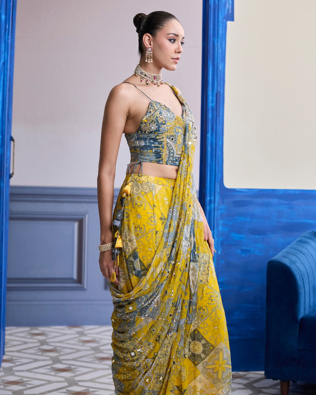 Yellow Grey Mosaic Ruched Corset With Drape Sharara Sari Set