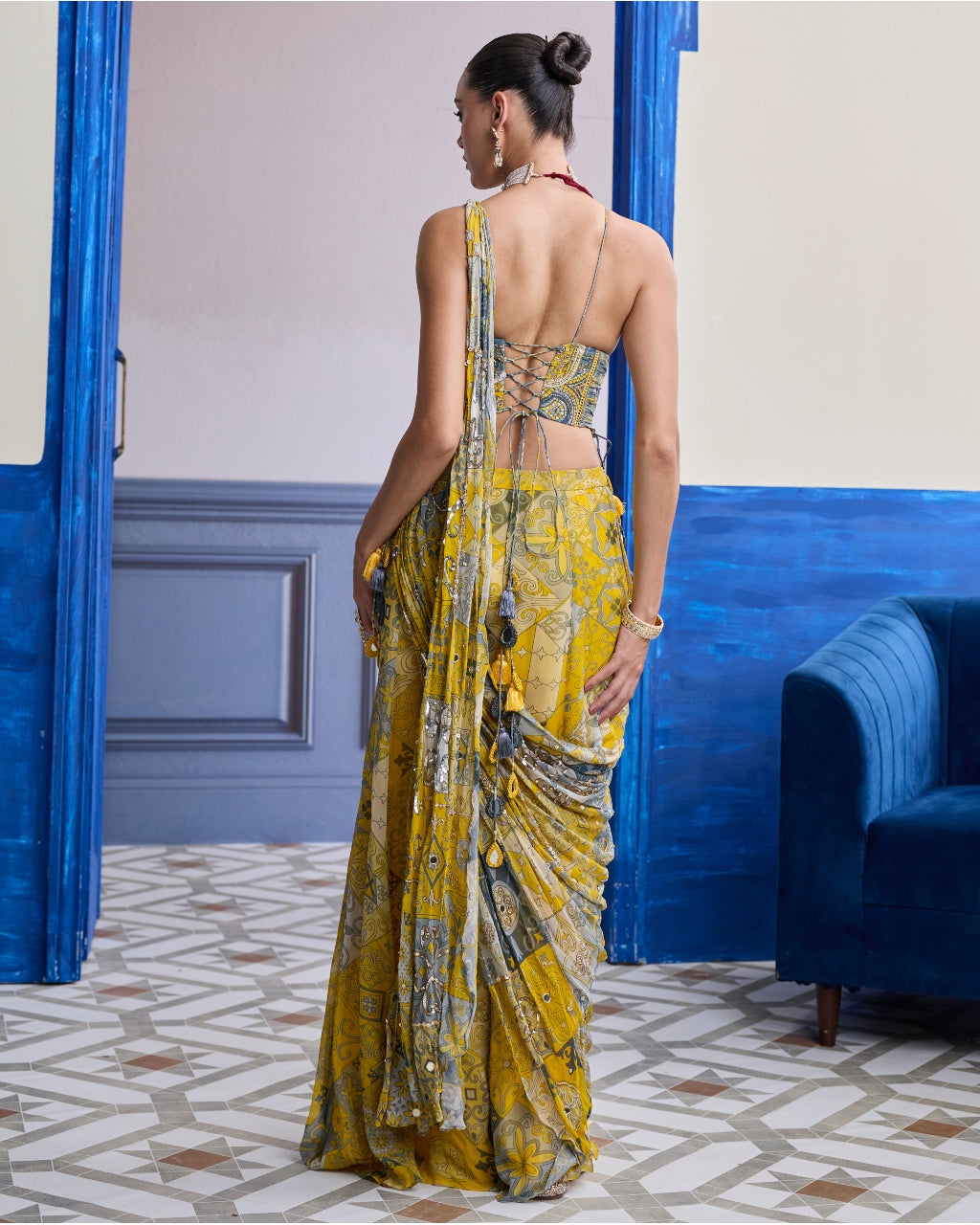 Yellow Grey Mosaic Ruched Corset With Drape Sharara Sari Set