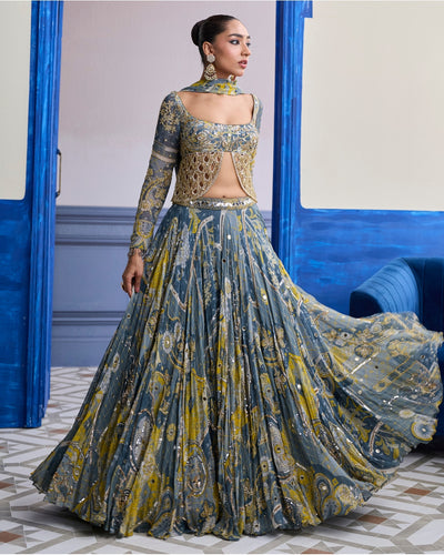 Grey Mosaic Scallop Cutwork Blouse With Highlighted Lehenga & Tassel Dupatta Set