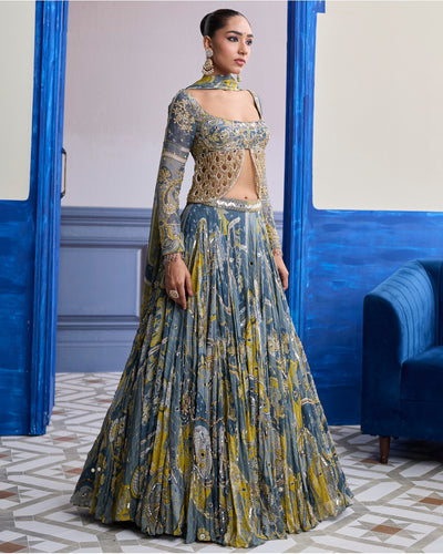 Grey Mosaic Scallop Cutwork Blouse With Highlighted Lehenga & Tassel Dupatta Set