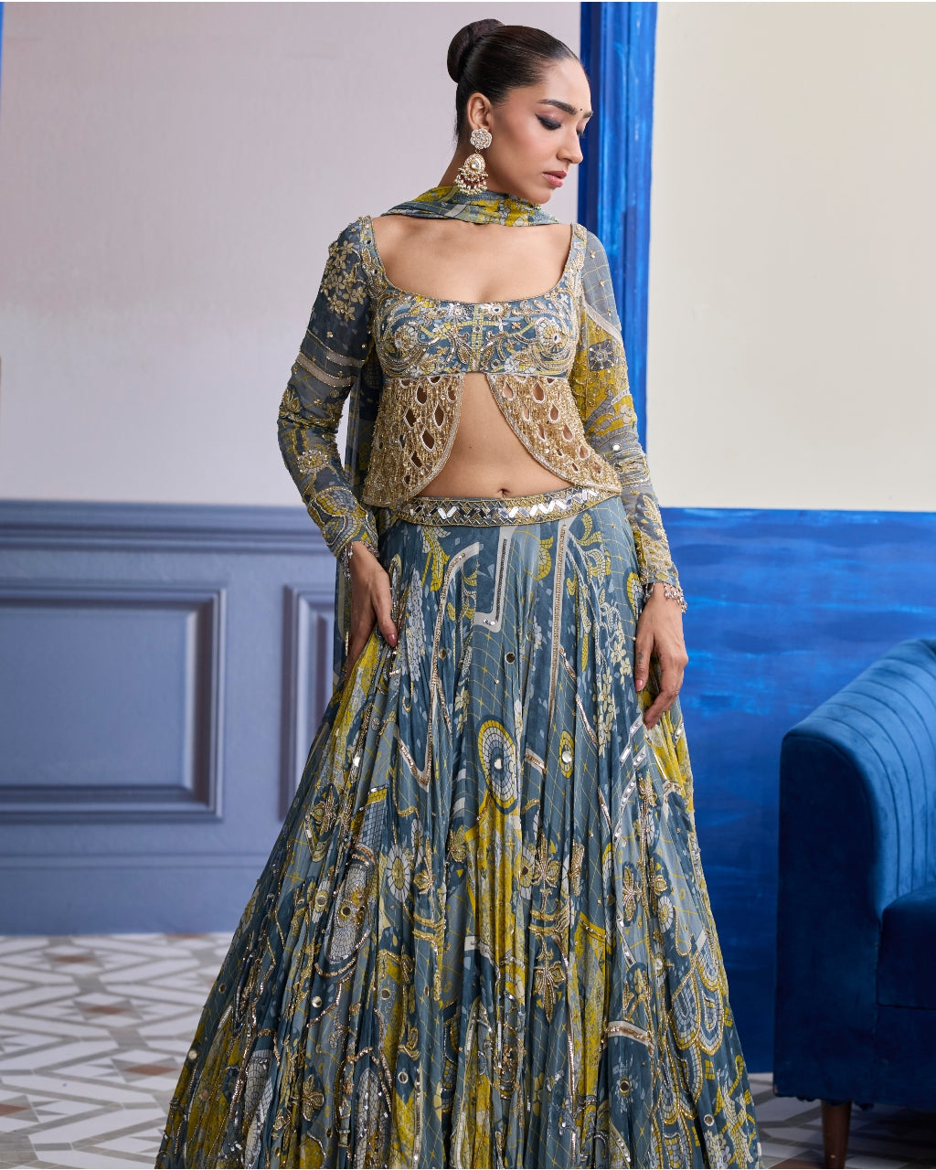 Grey Mosaic Scallop Cutwork Blouse With Highlighted Lehenga & Tassel Dupatta Set
