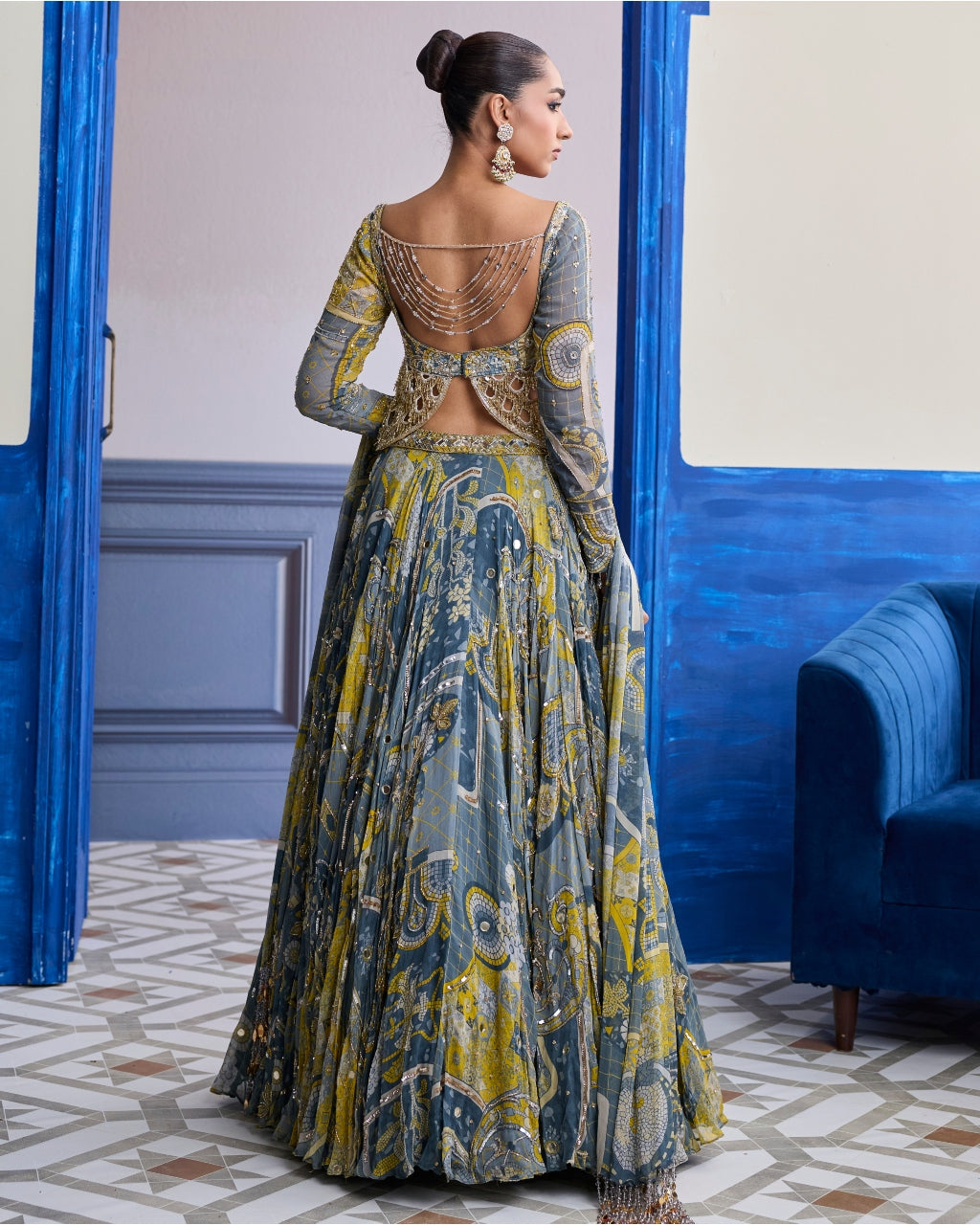 Grey Mosaic Scallop Cutwork Blouse With Highlighted Lehenga & Tassel Dupatta Set