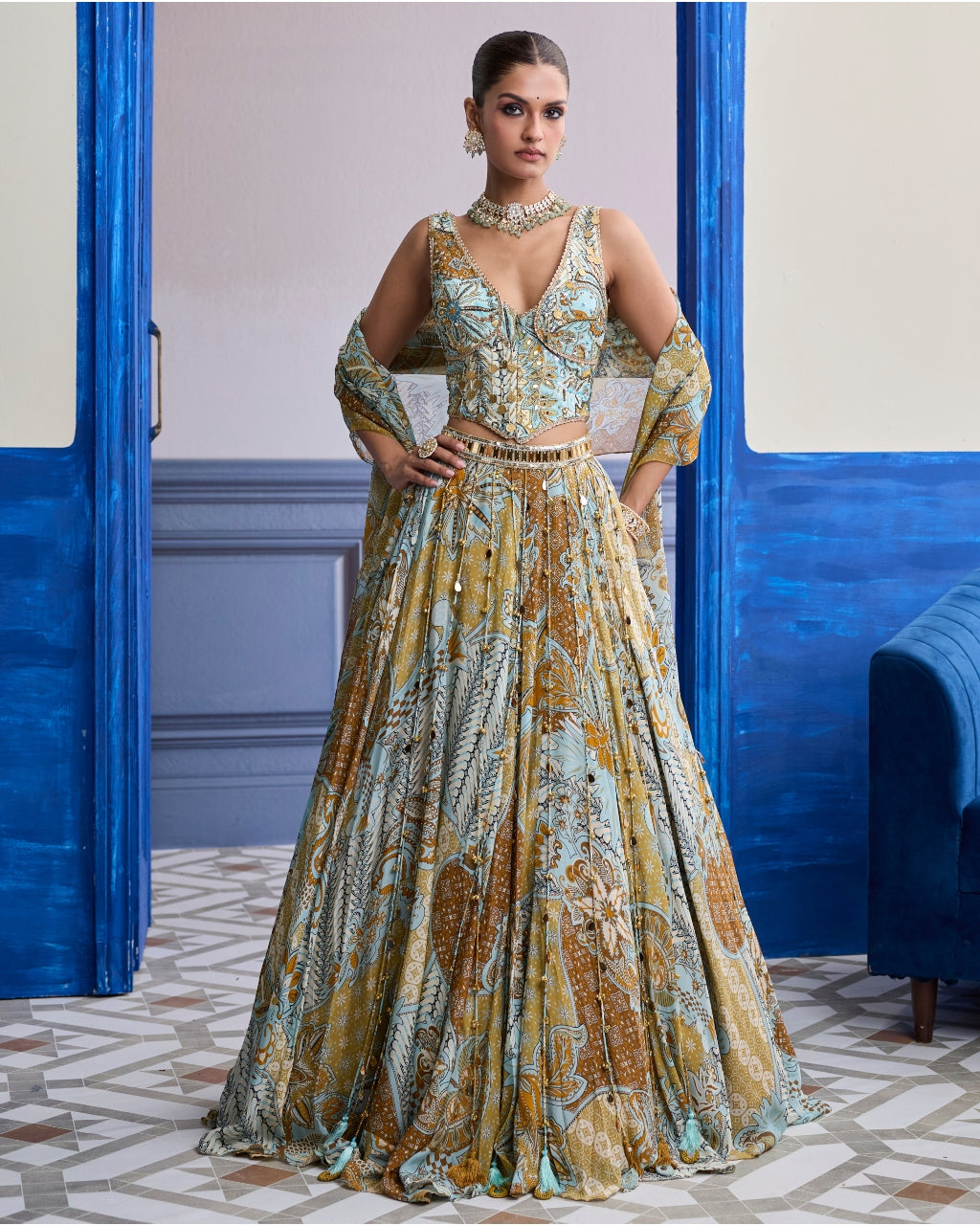 Yellow Floral Corset With Tassel Lehenga & Printed Dupatta Set