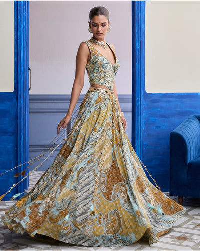 Yellow Floral Corset With Tassel Lehenga & Printed Dupatta Set