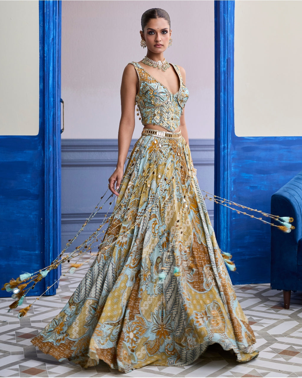 Yellow Floral Corset With Tassel Lehenga & Printed Dupatta Set