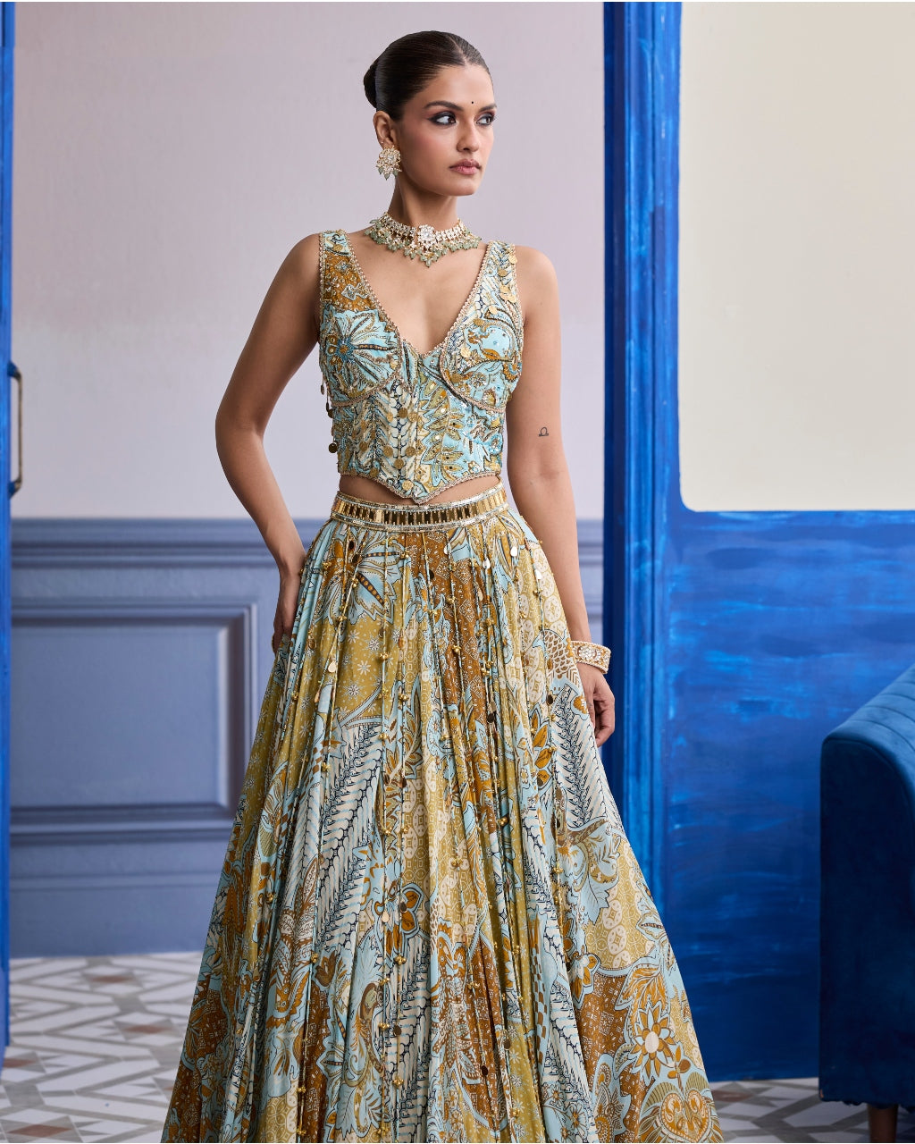 Yellow Floral Corset With Tassel Lehenga & Printed Dupatta Set