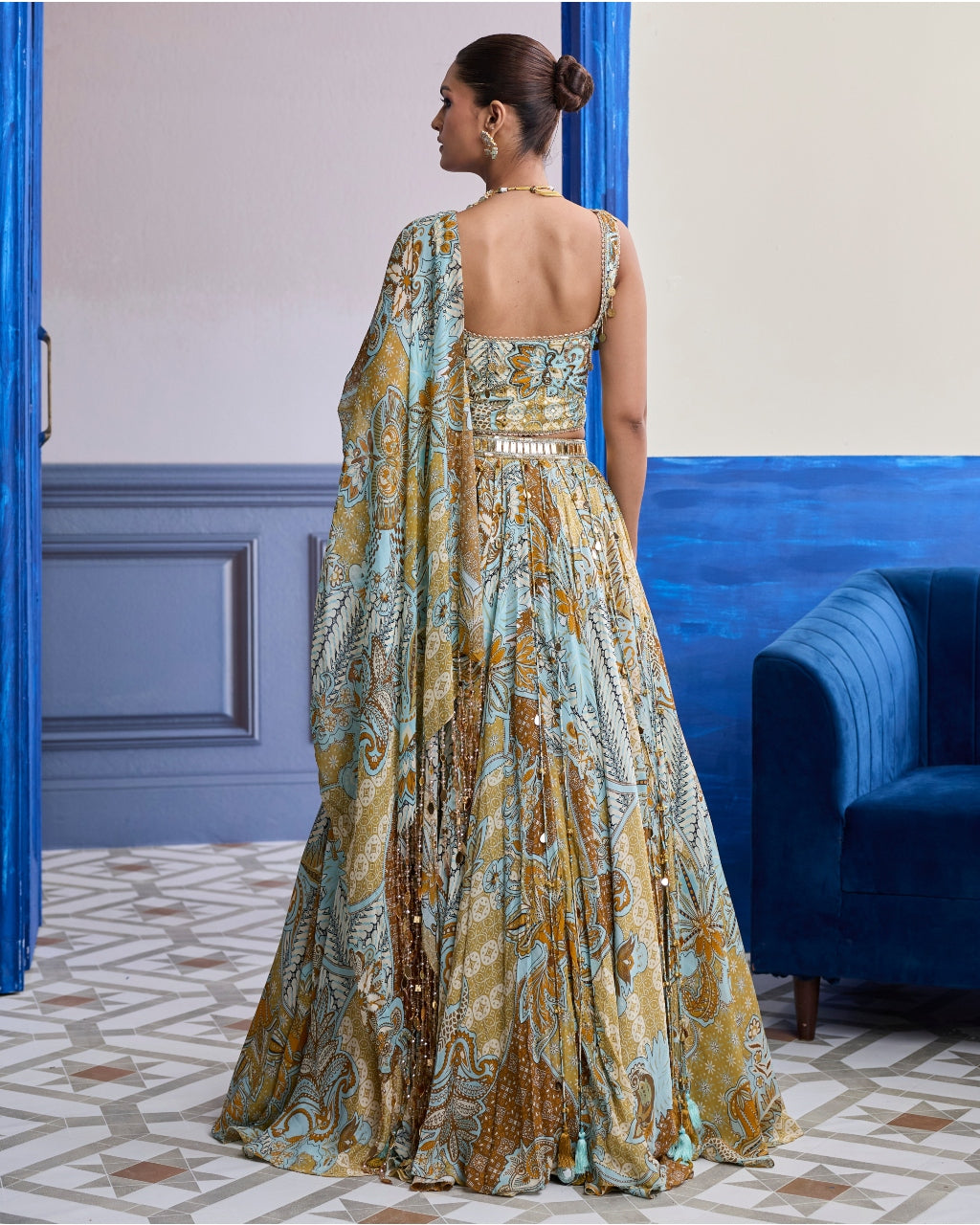 Yellow Floral Corset With Tassel Lehenga & Printed Dupatta Set