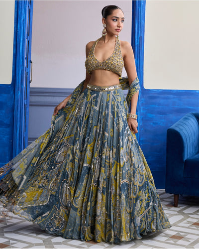 Grey & Yellow Embroidered Blouse With Highlighted Lehenga & Tassel Dupatta Set