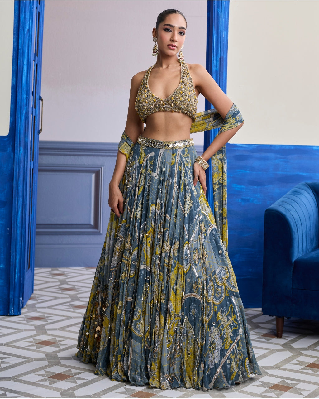 Grey & Yellow Embroidered Blouse With Highlighted Lehenga & Tassel Dupatta Set