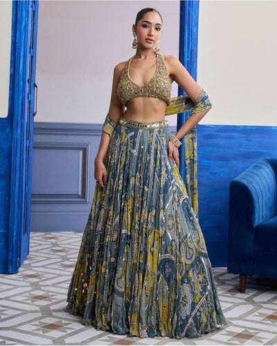 Grey & Yellow Embroidered Blouse With Highlighted Lehenga & Tassel Dupatta Set