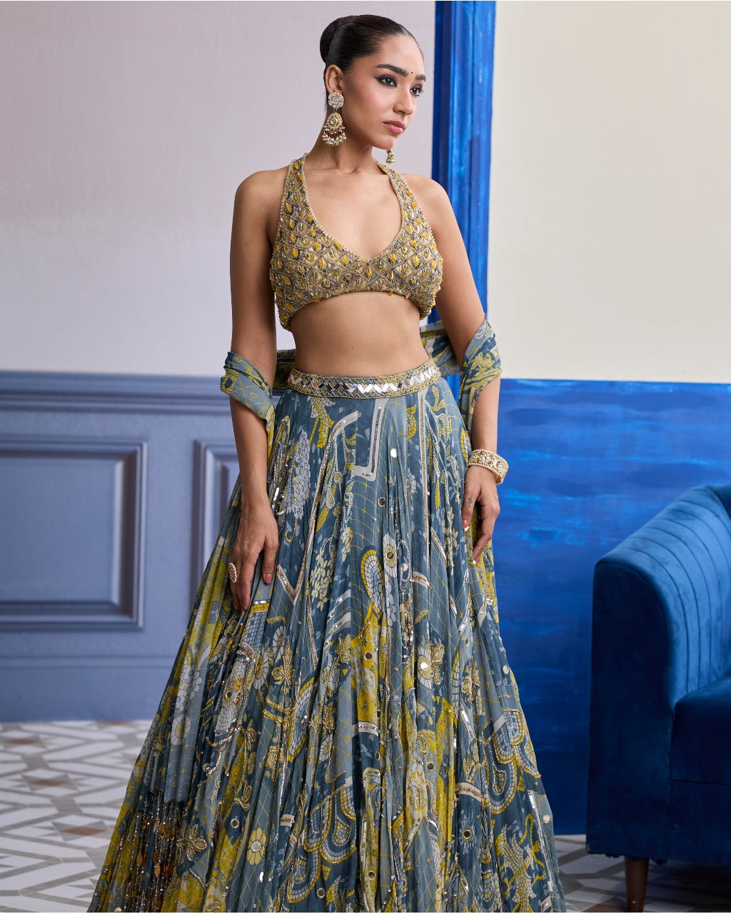 Grey & Yellow Embroidered Blouse With Highlighted Lehenga & Tassel Dupatta Set
