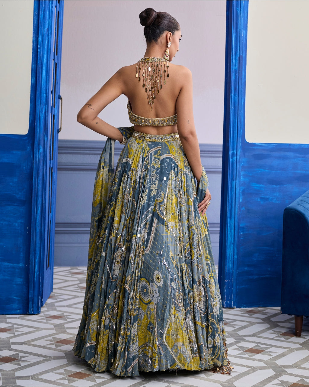 Grey & Yellow Embroidered Blouse With Highlighted Lehenga & Tassel Dupatta Set