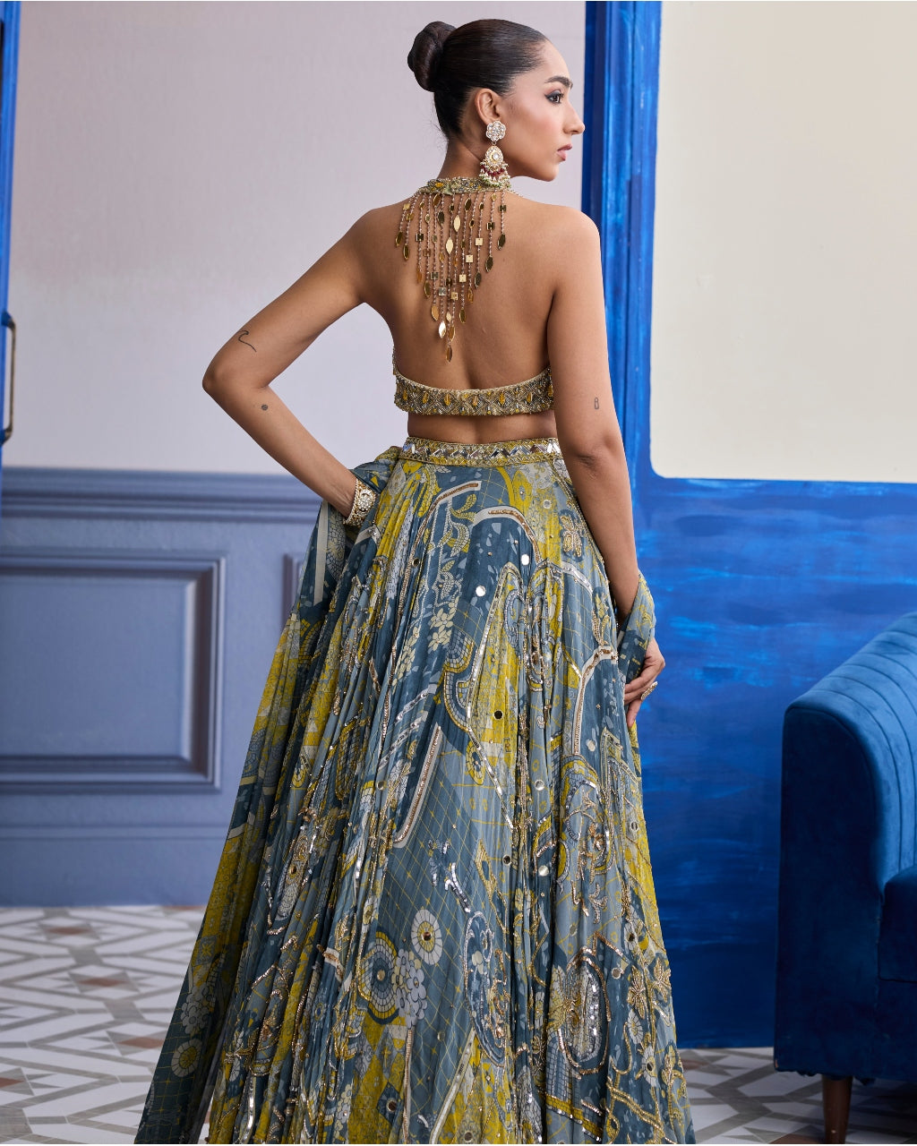 Grey & Yellow Embroidered Blouse With Highlighted Lehenga & Tassel Dupatta Set