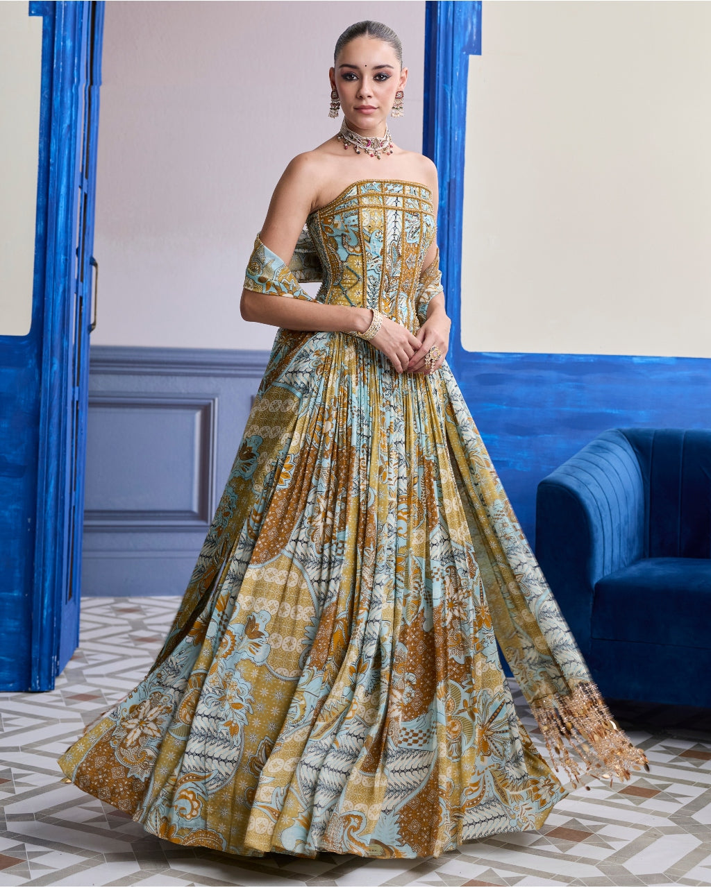 Yellow Floral Corset With Printed Lehenga & Tassel Dupatta Set