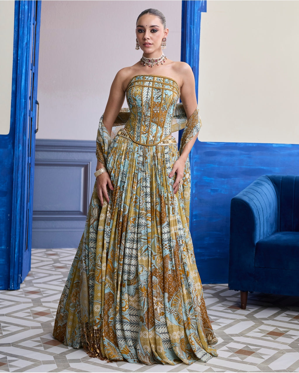 Yellow Floral Corset With Printed Lehenga & Tassel Dupatta Set