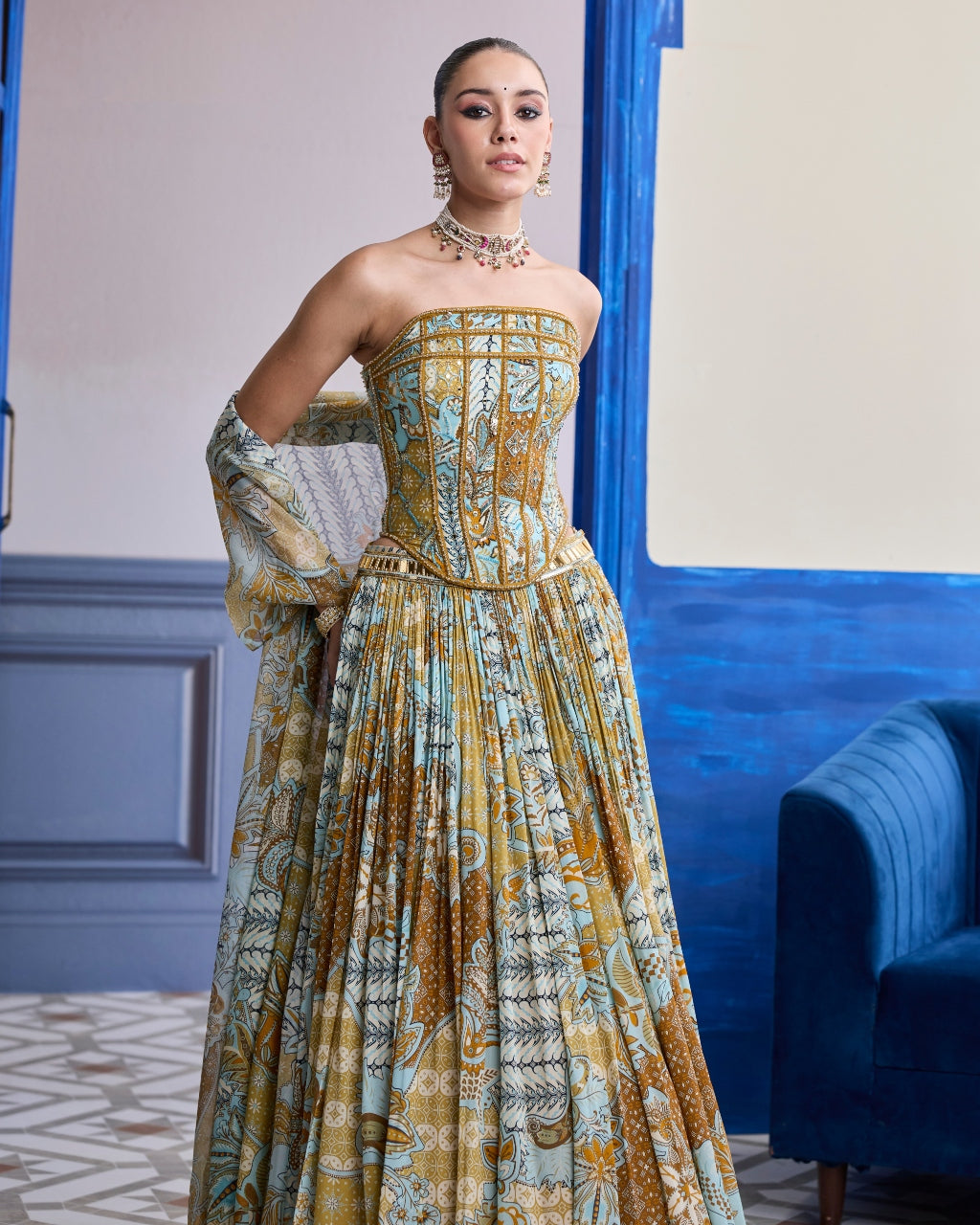 Yellow Floral Corset With Printed Lehenga & Tassel Dupatta Set