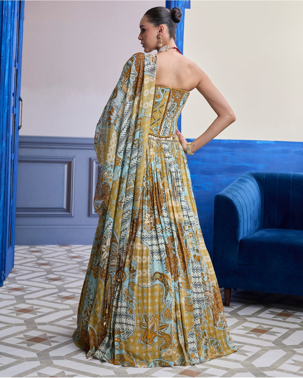 Yellow Floral Corset With Printed Lehenga & Tassel Dupatta Set