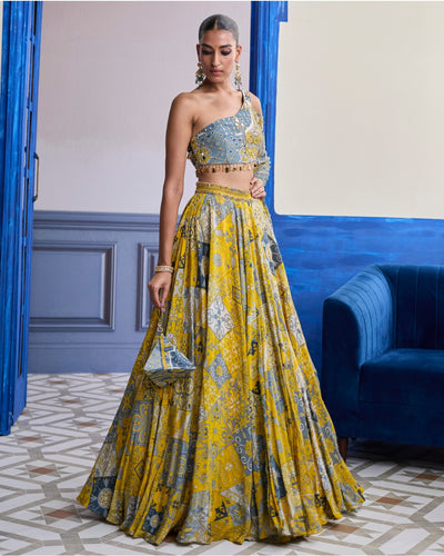 Yellow Mosaic One-Shoulder Blouse With Printed Lehenga Set