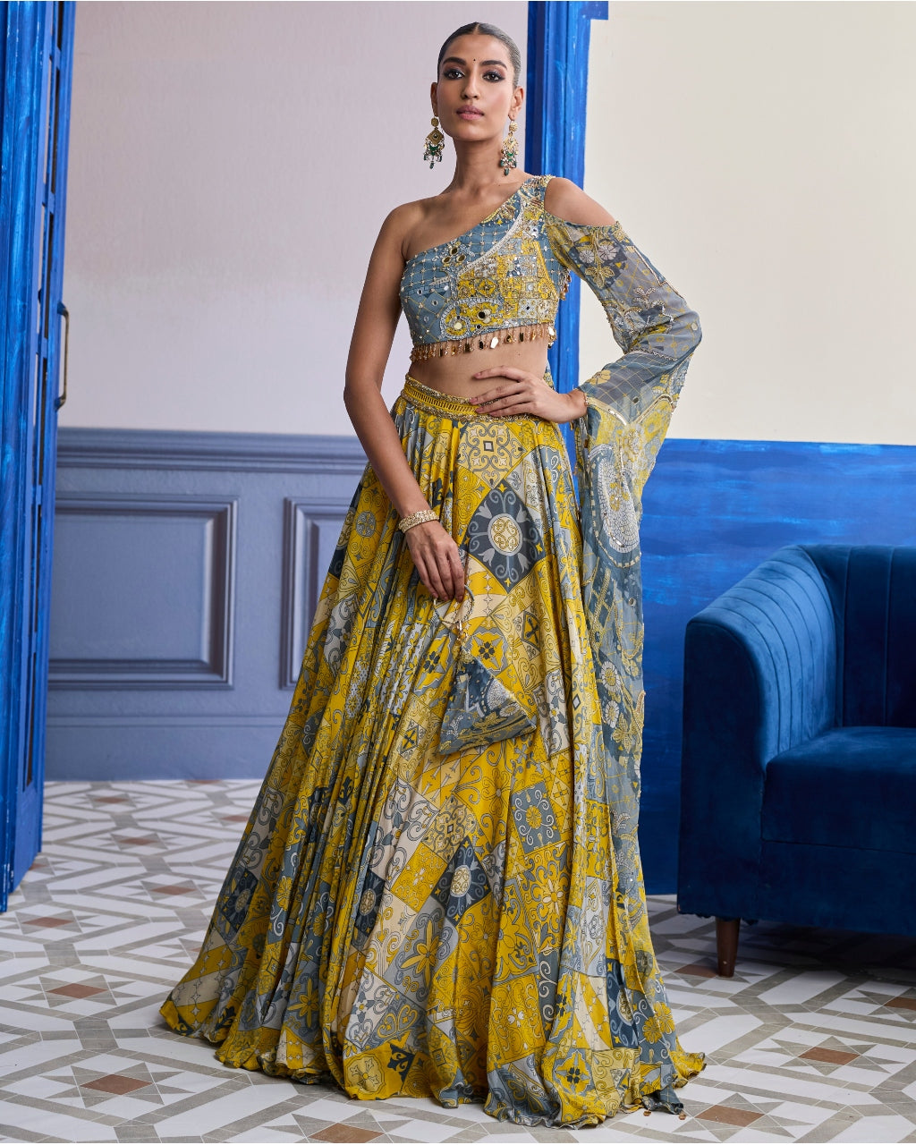 Yellow Mosaic One-Shoulder Blouse With Printed Lehenga Set