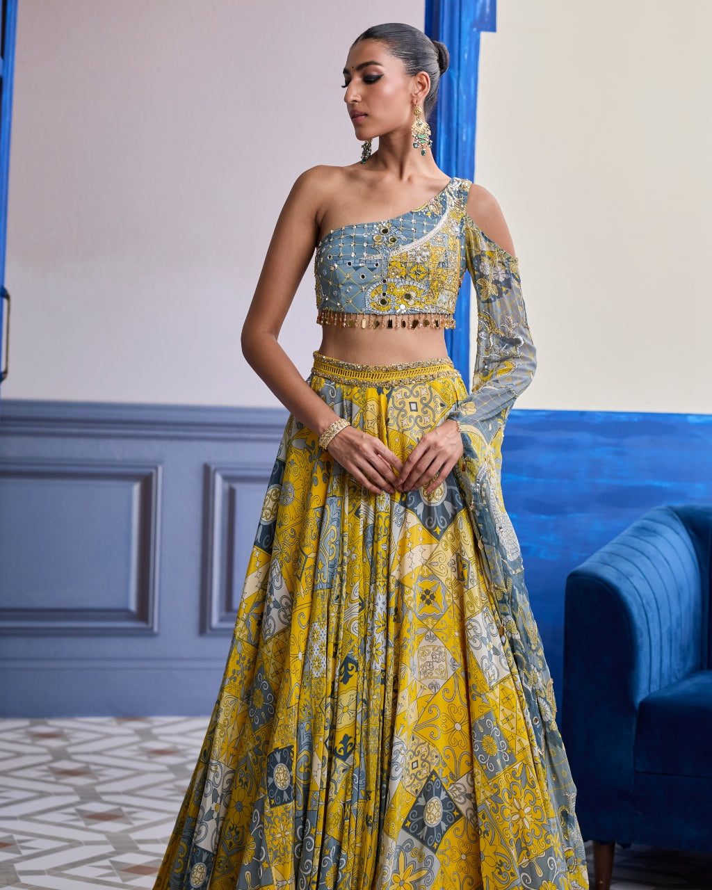 Yellow Mosaic One-Shoulder Blouse With Printed Lehenga Set