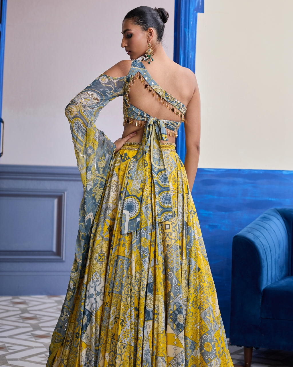 Yellow Mosaic One-Shoulder Blouse With Printed Lehenga Set