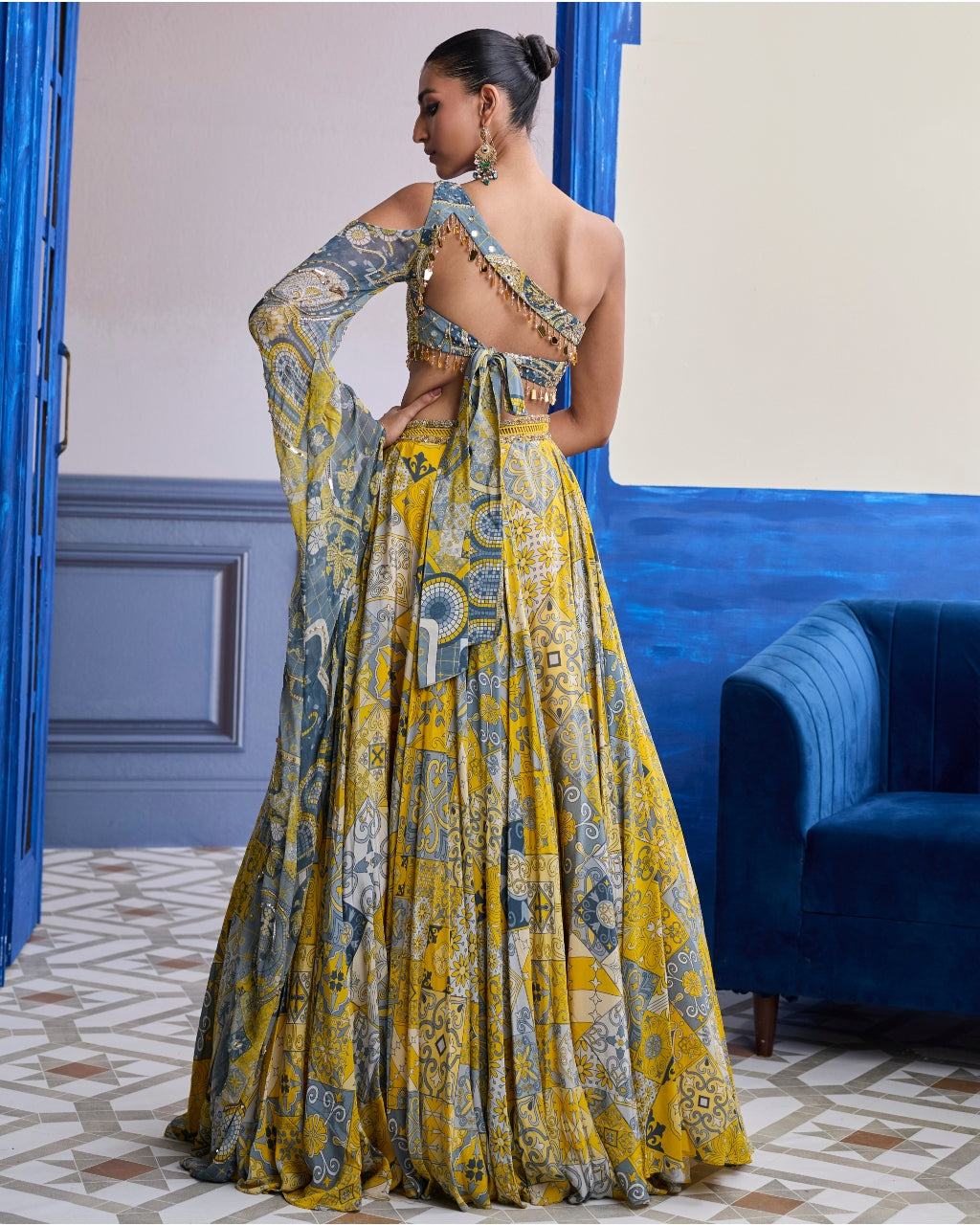 Yellow Mosaic One-Shoulder Blouse With Printed Lehenga Set