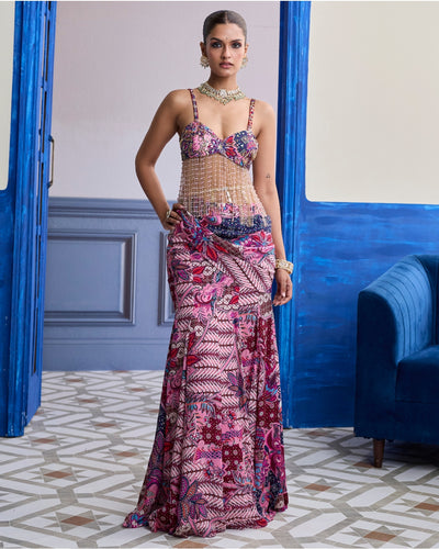 Fuchsia Floral Tassel Blouse With Cowl Structured Skirt Set