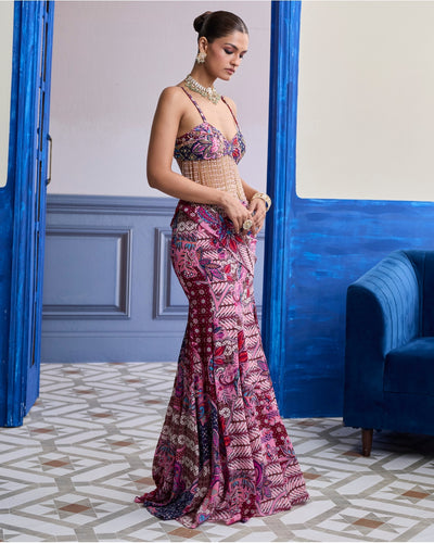 Fuchsia Floral Tassel Blouse With Cowl Structured Skirt Set
