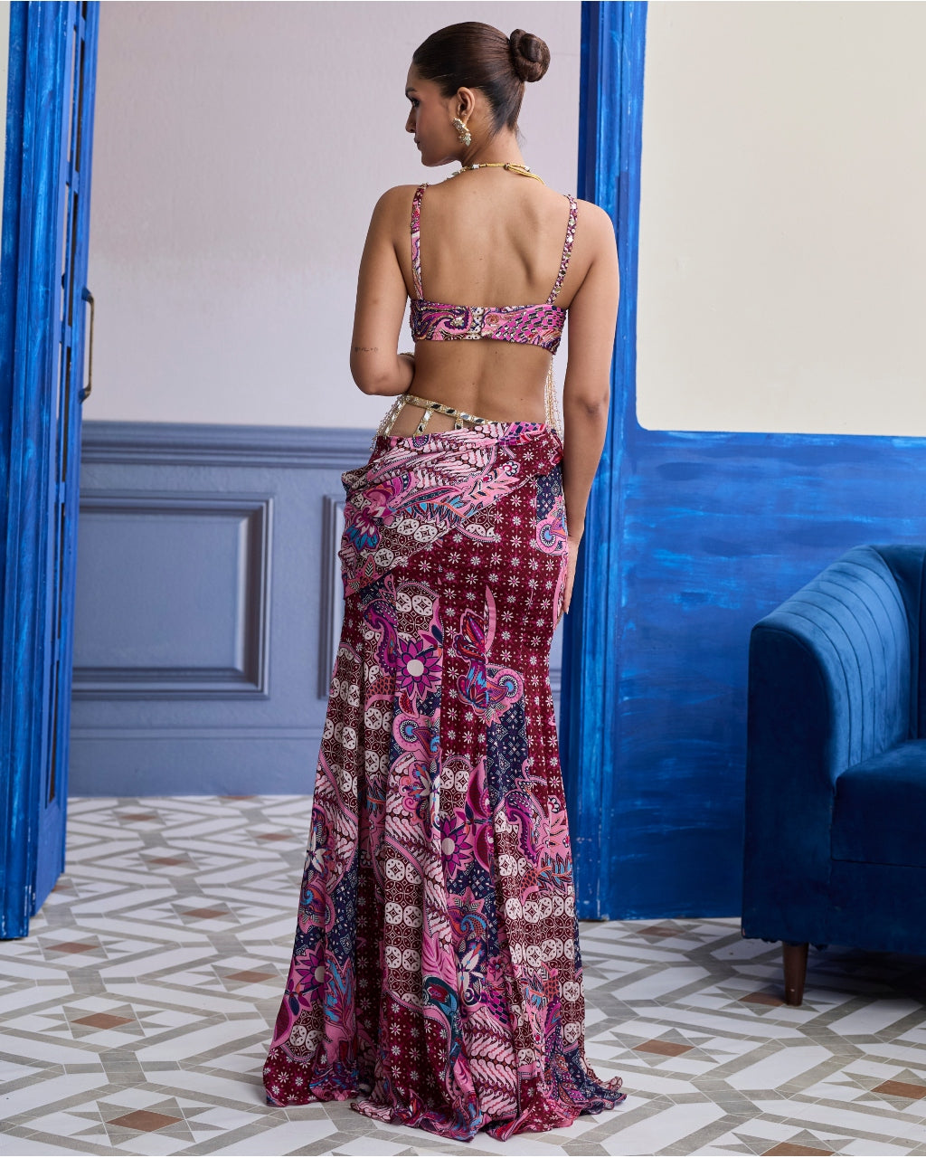 Fuchsia Floral Tassel Blouse With Cowl Structured Skirt Set