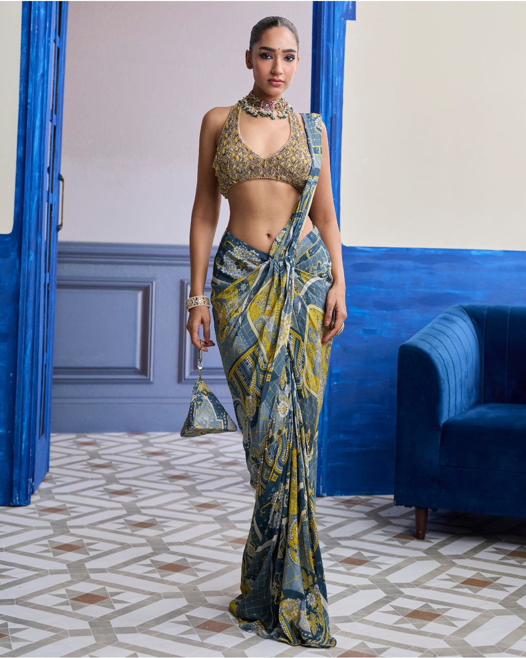 Grey & Yellow Geometric Halter Blouse With Dhoti Skirt Sari Set