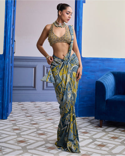 Grey & Yellow Geometric Halter Blouse With Dhoti Skirt Sari Set