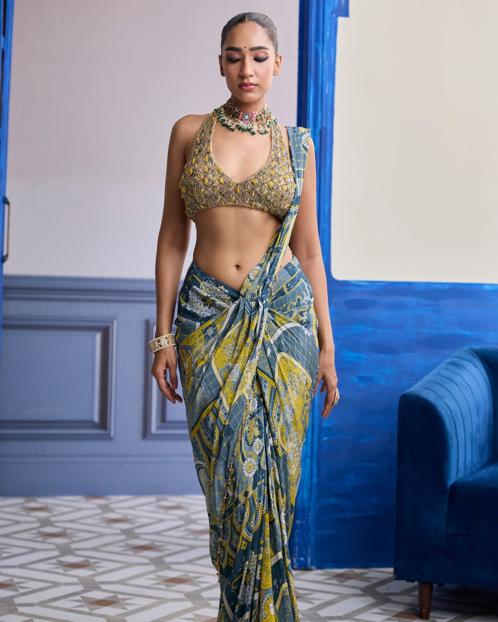 Grey & Yellow Geometric Halter Blouse With Dhoti Skirt Sari Set