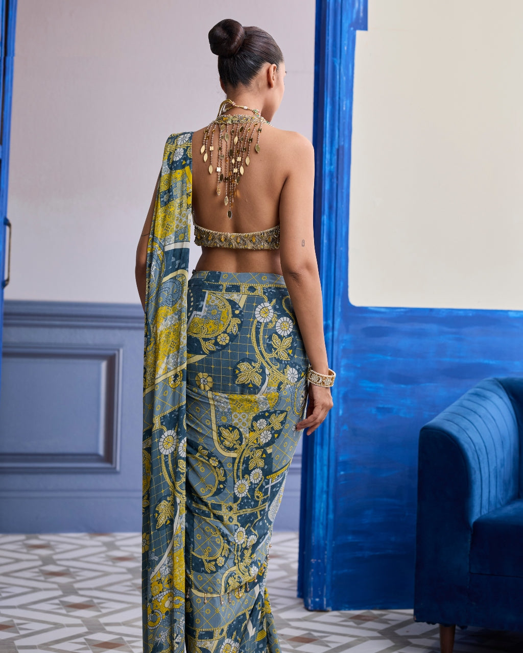 Grey & Yellow Geometric Halter Blouse With Dhoti Skirt Sari Set