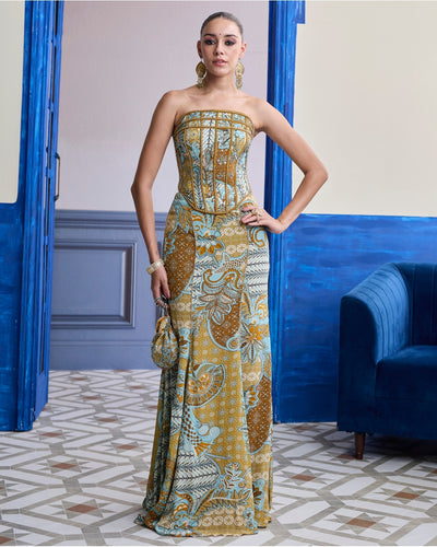 Yellow Structured Corset With Beaded Mermaid Skirt Set