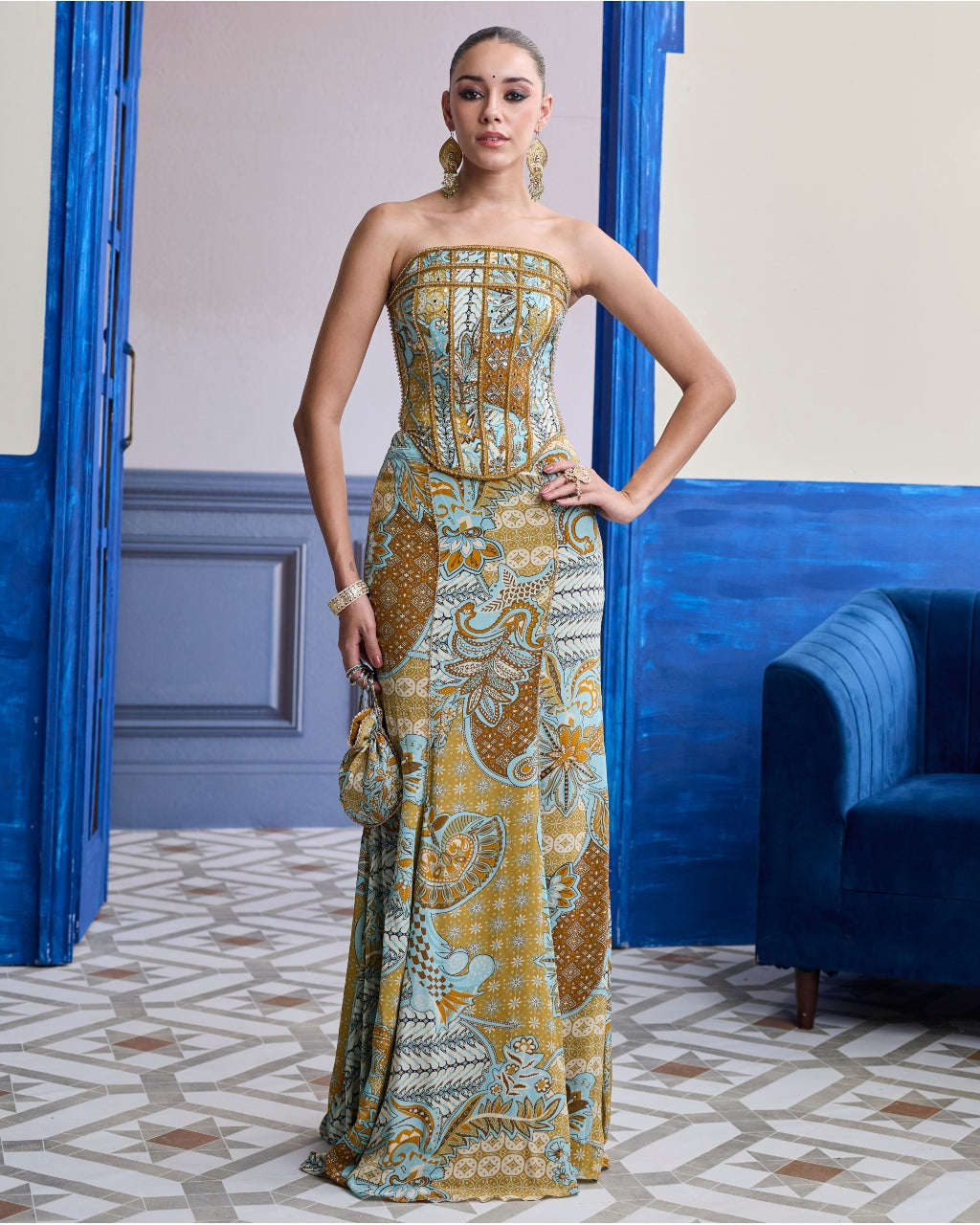 Yellow Structured Corset With Beaded Mermaid Skirt Set